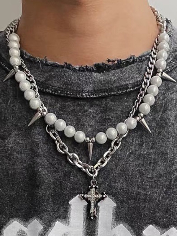 Collar de empalme con tachuelas de perlas sintéticas punk para hombre-1