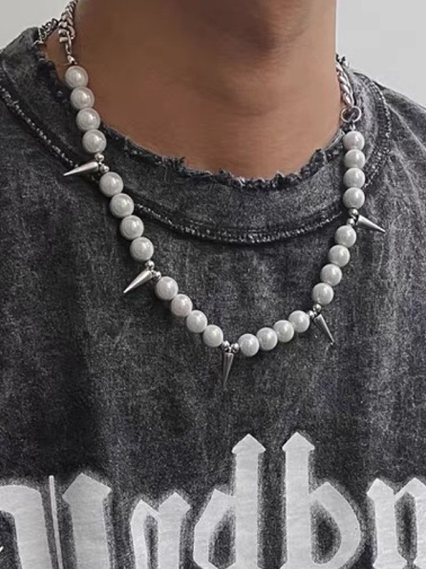 Collar de empalme con tachuelas de perlas sintéticas punk para hombre-2