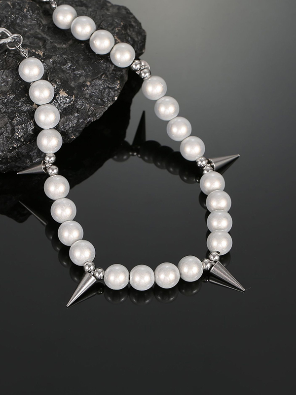 Collar de empalme con tachuelas de perlas sintéticas punk para hombre-3