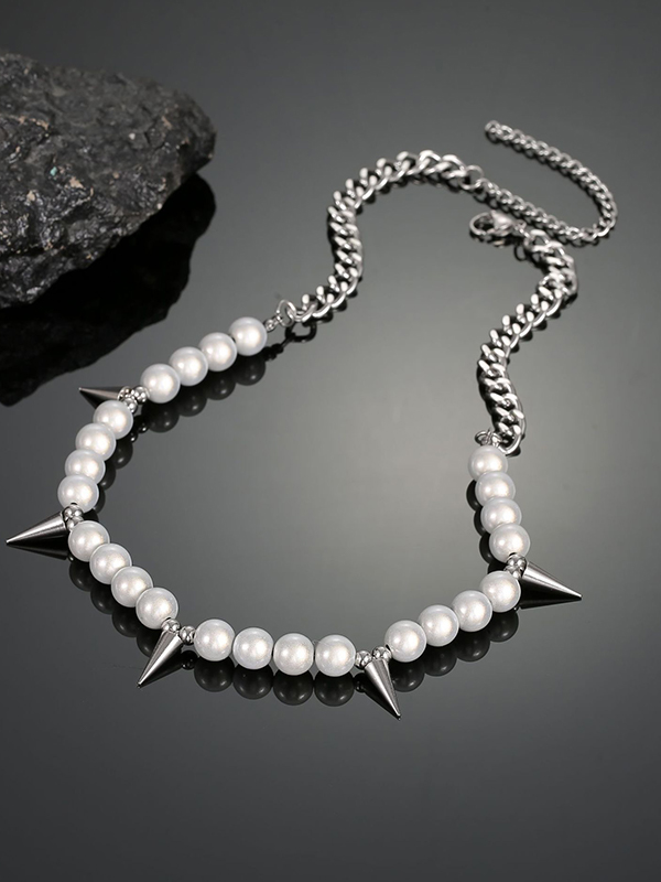 Collar de empalme con tachuelas de perlas sintéticas punk para hombre-4