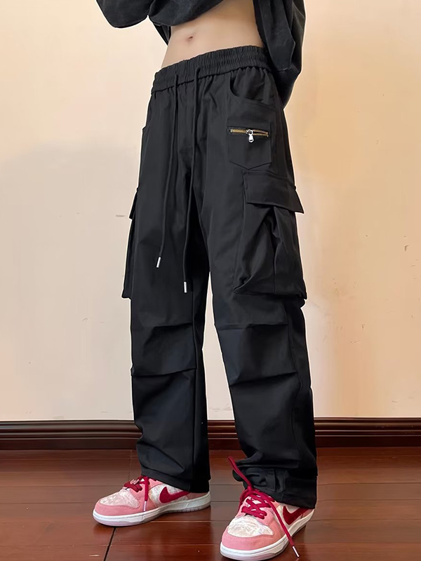 Pantalones cargo fruncidos lisos con múltiples bolsillos para hombre-2