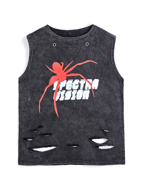 Chaleco rasgado con estampado de araña desgastado y lavado para hombre-3