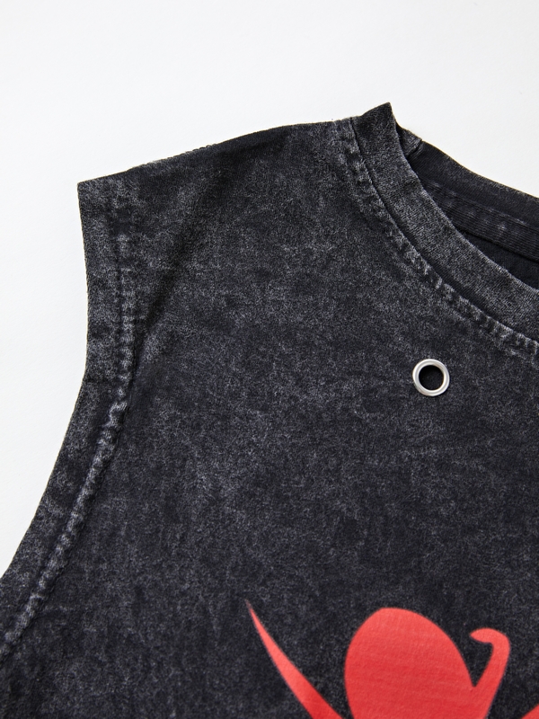 Chaleco rasgado con estampado de araña desgastado y lavado para hombre-5