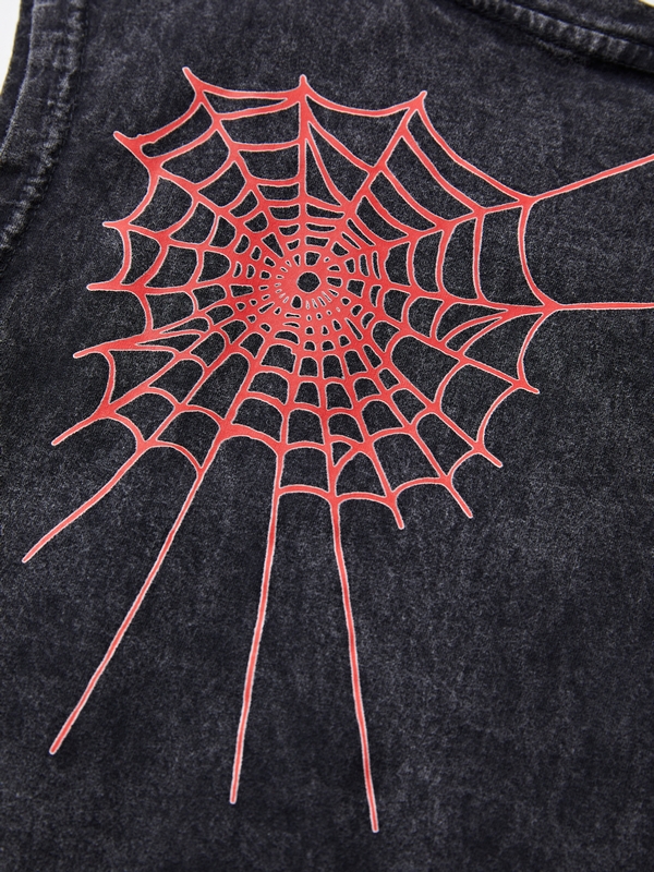 Chaleco rasgado con estampado de araña desgastado y lavado para hombre-8