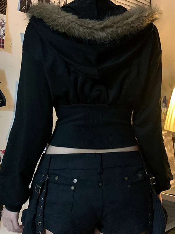 Chaqueta con capucha estilo urbano retro con cuello de piel y detalles de patchwork-3