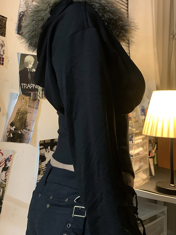 Chaqueta con capucha estilo urbano retro con cuello de piel y detalles de patchwork-2