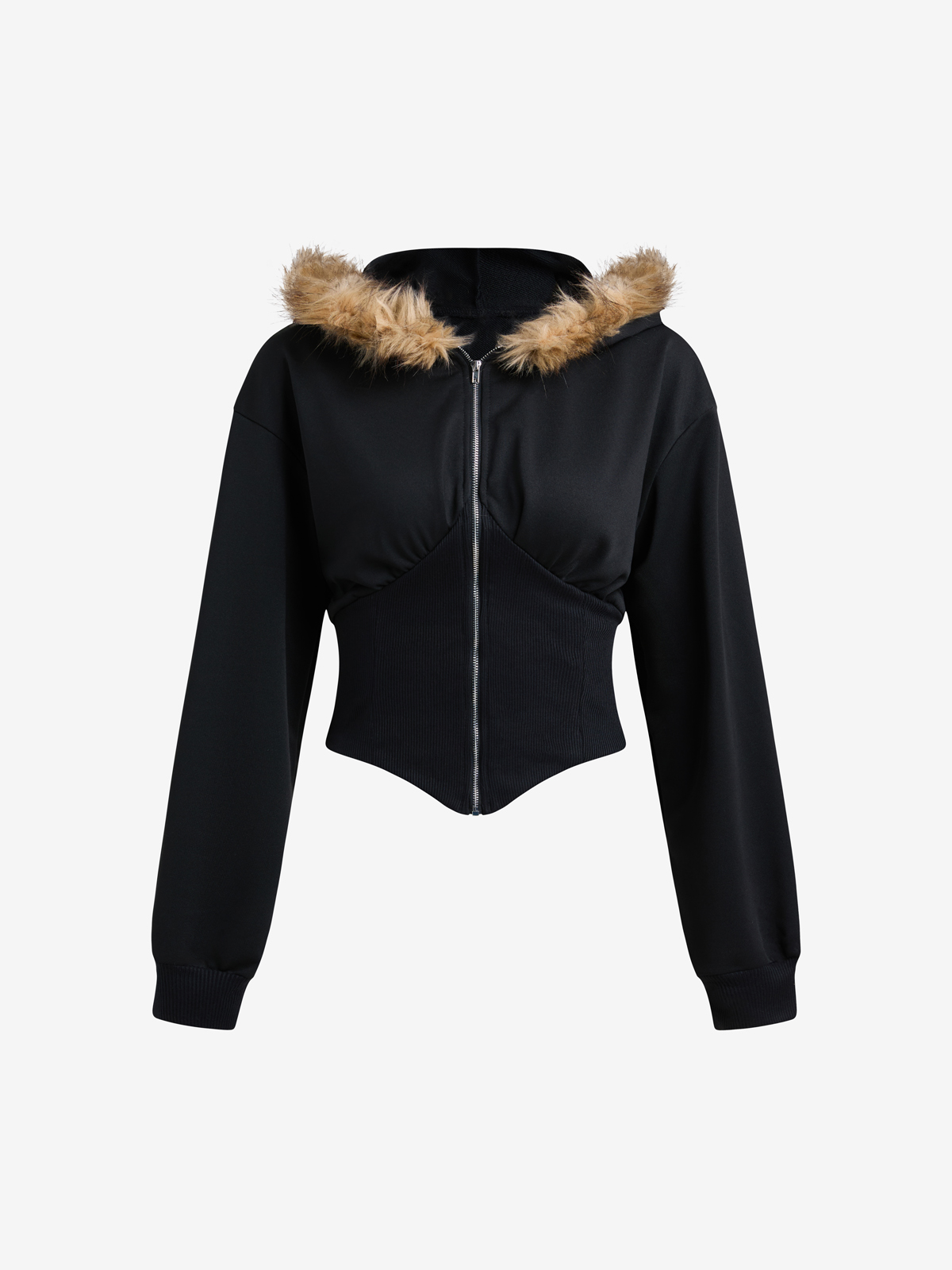 Chaqueta con capucha estilo urbano retro con cuello de piel y detalles de patchwork-6