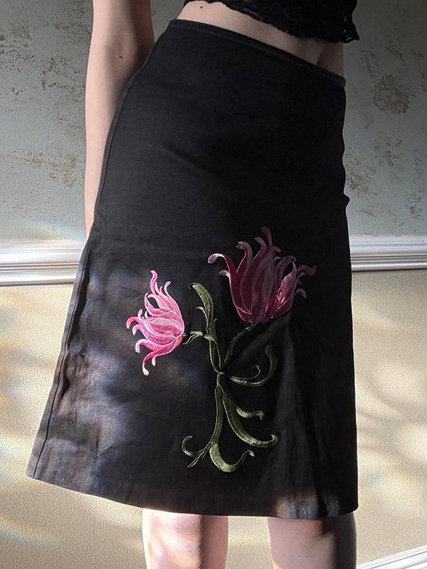 Falda larga con bordado floral vintage americano-1