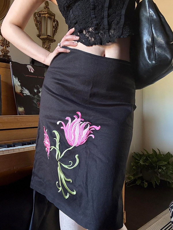 Falda larga con bordado floral vintage americano-2