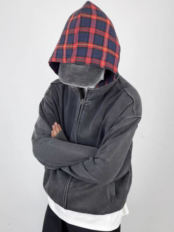 Sudadera con capucha de gran tamaño con estampado de cuadros para hombre-3