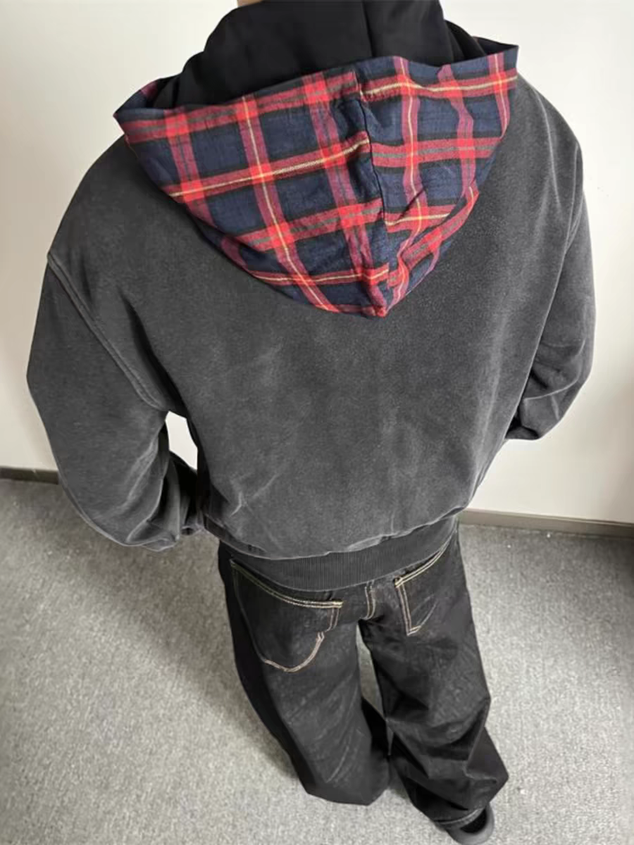 Sudadera con capucha de gran tamaño con estampado de cuadros para hombre-2