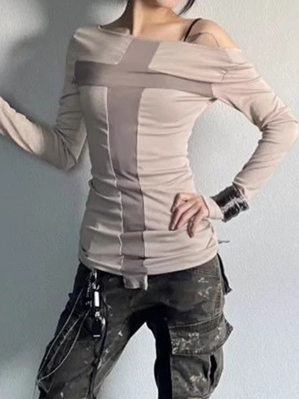 Camiseta de manga larga con estampado cruzado y un hombro-2