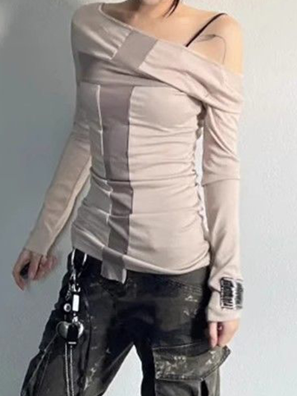 Camiseta de manga larga con estampado cruzado y un hombro-1