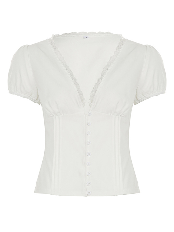 Camiseta de manga corta con cuello en V y encaje-1