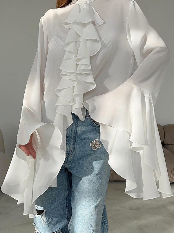 Camisa de gasa con volantes y mangas acampanadas y cuello redondo-1
