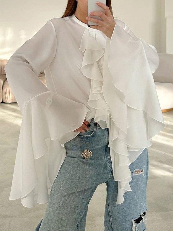 Camisa de gasa con volantes y mangas acampanadas y cuello redondo-2