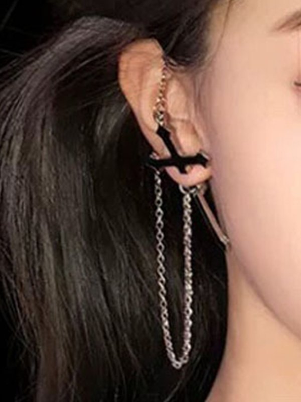 Aretes con dije de cruz adornada con cadena-4