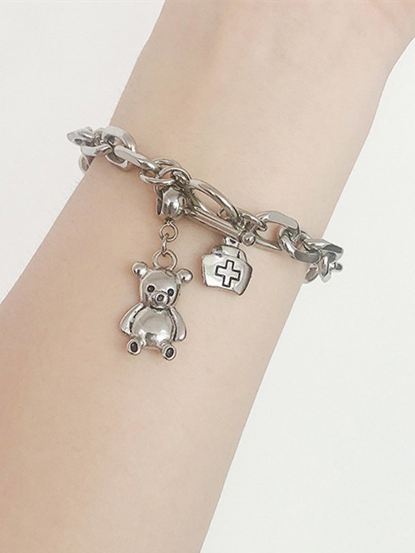 Pulsera de cadena gruesa con colgante de oso-3