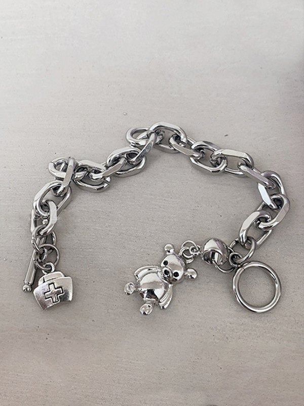 Pulsera de cadena gruesa con colgante de oso-4