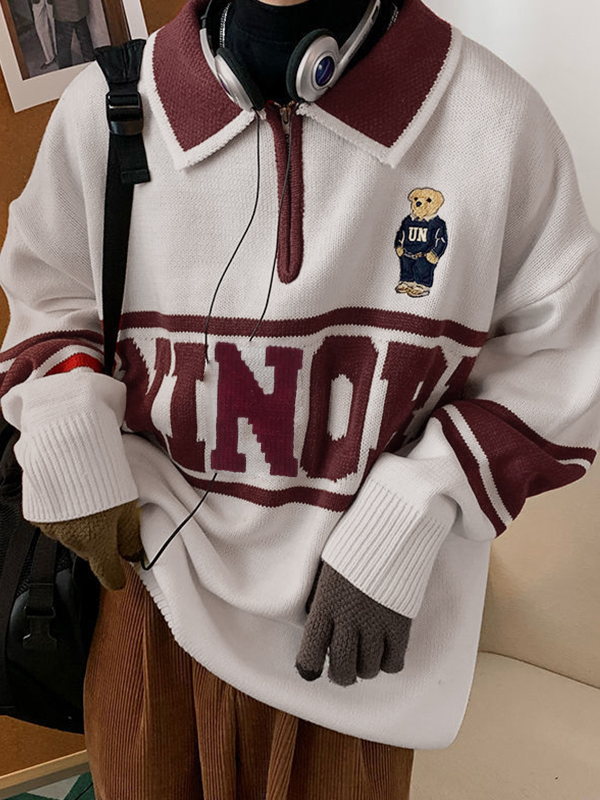 Suéter de punto de polo con media cremallera vintage para hombre-1
