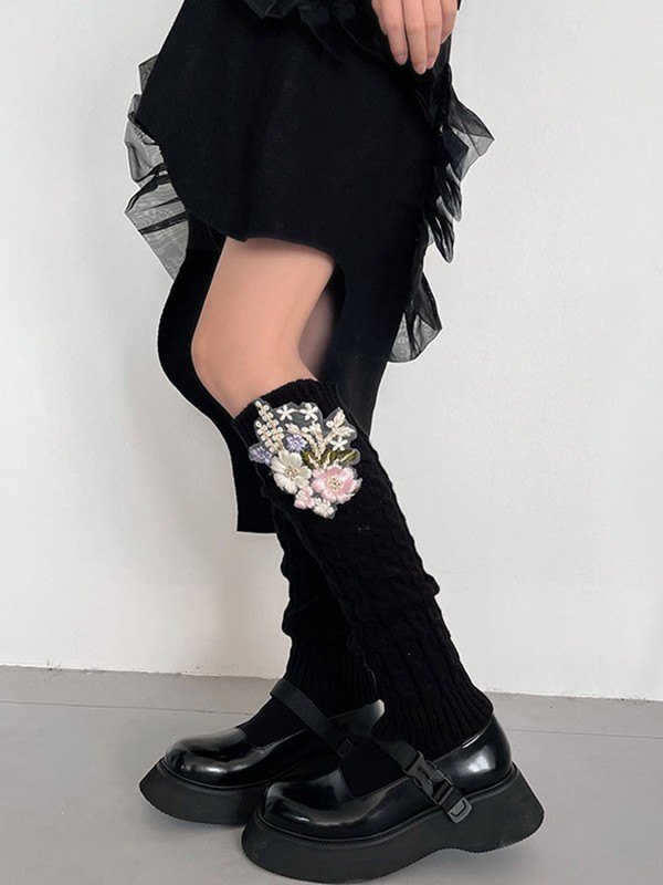 Calentador de piernas tejido trenzado con bordado floral-1