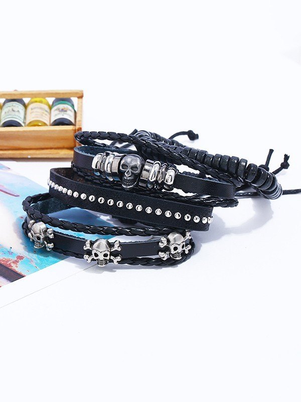 Juego de pulseras de cuero Pu con calavera de 4 piezas-1