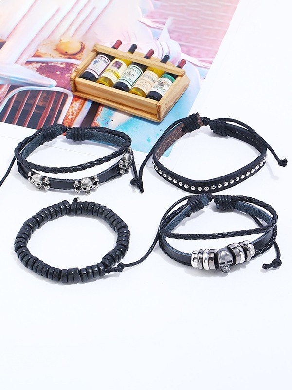 Juego de pulseras de cuero Pu con calavera de 4 piezas-2
