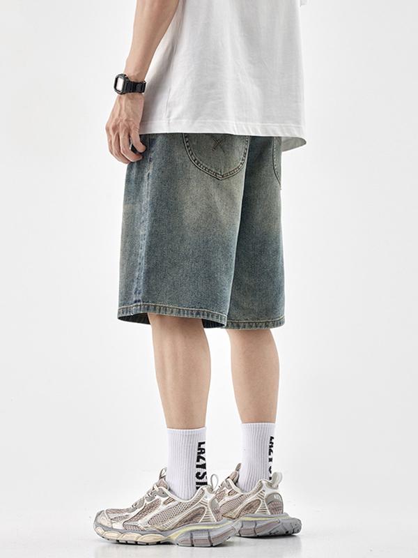 Pantalones cortos de mezclilla sueltos con estampado lateral para hombre-1